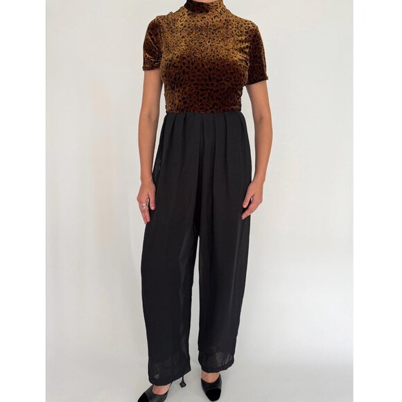 90s vintage animal leopard print funky fuzzy velvet sheer pant jumpsuit pantsuit - Picture 1 of 10